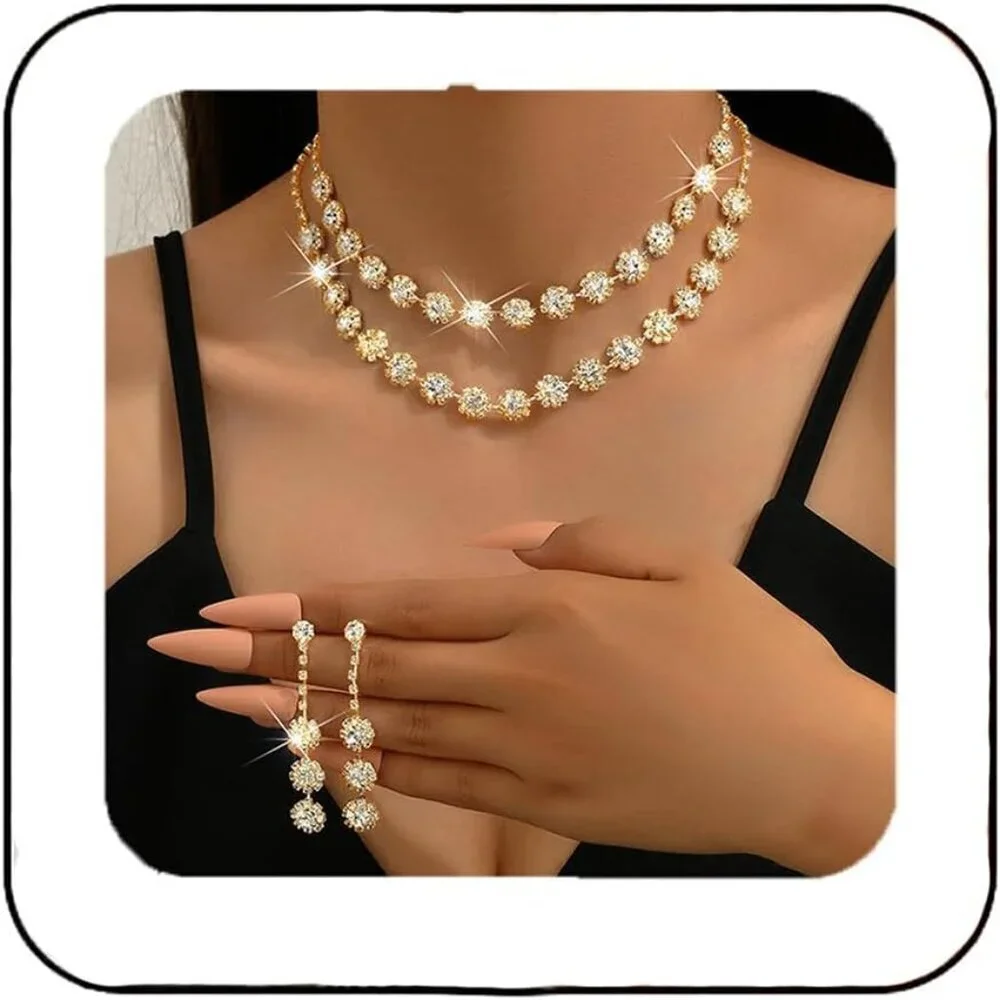 Crystal Bridal Jewelry Set Silver Necklace Earrings Bracelet for Women